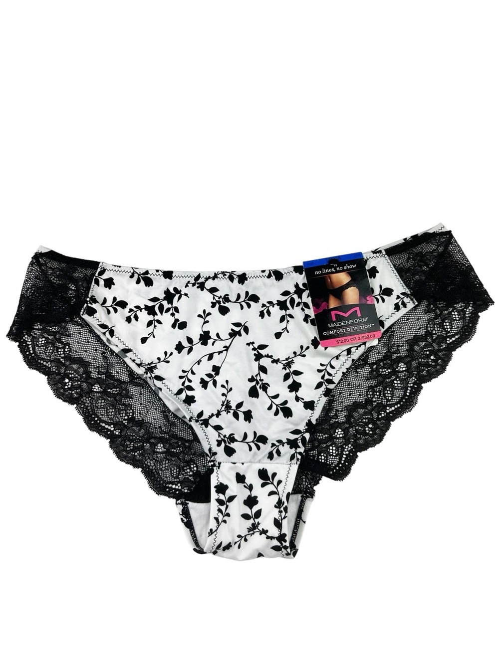 Maidenform Comfort Devotion Tanga Panty X-Large Black & White Floral Lace Trim